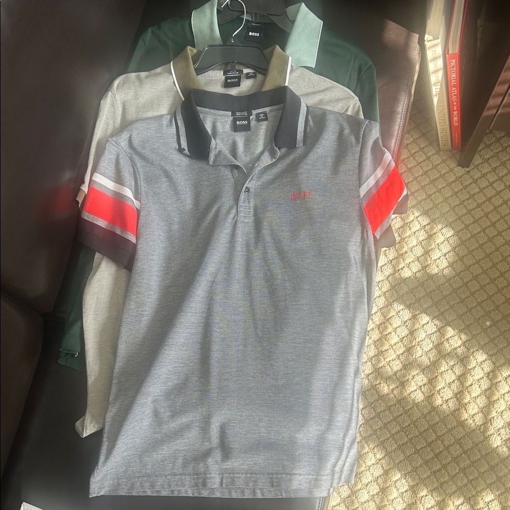 Boss Gray Polo with Red and Black Sleeve Accents